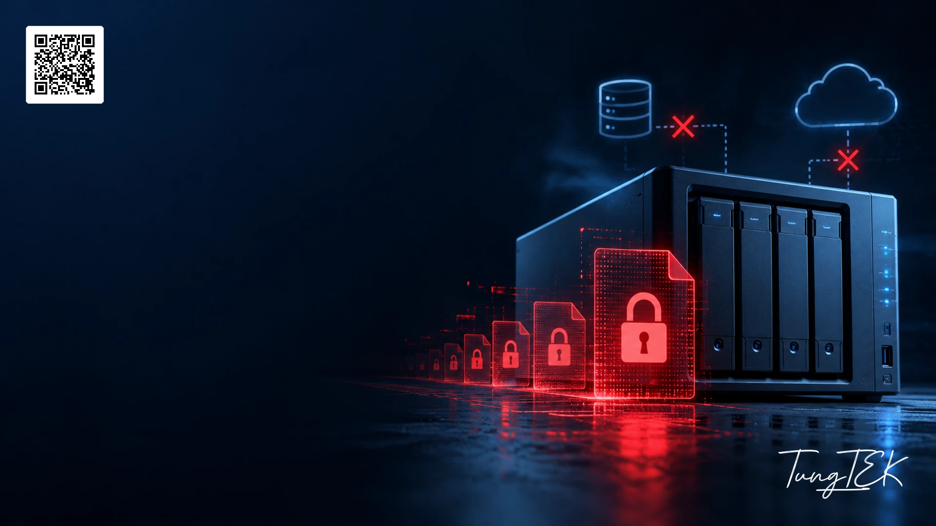 Editorial illustration of a NAS and locked files, the TEKLink218 QR and the original TungTEK signature; not a photograph of a customer's system.