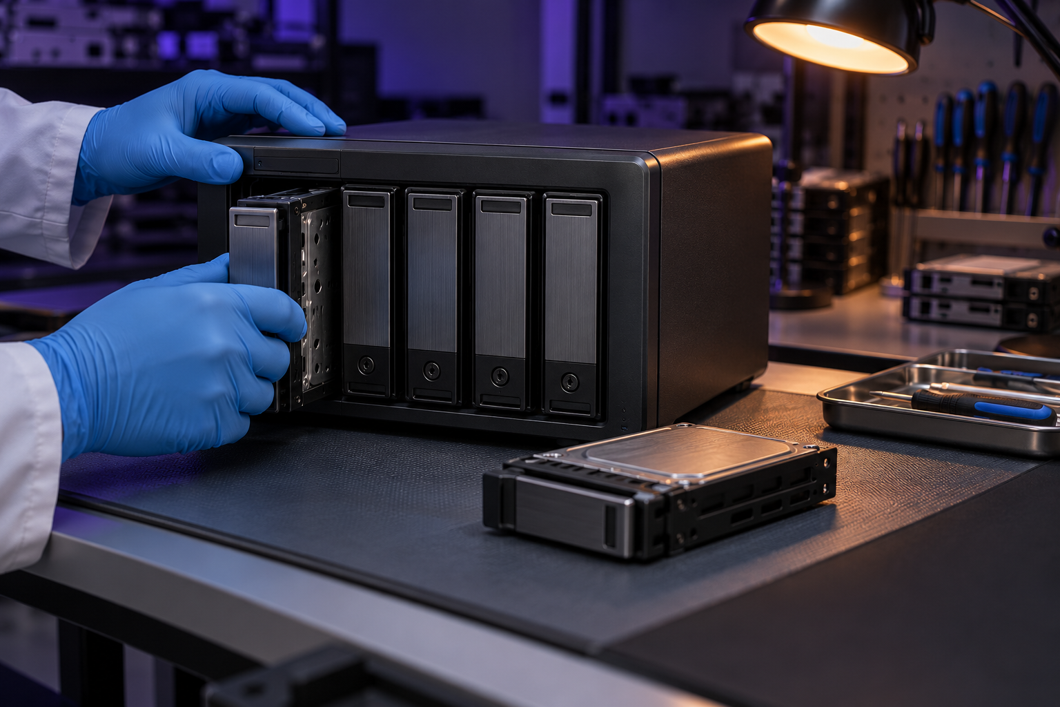 Minh họa thiết bị NAS được kiểm tra tại phòng lab cho ca dữ liệu mang đuôi .encrypt.