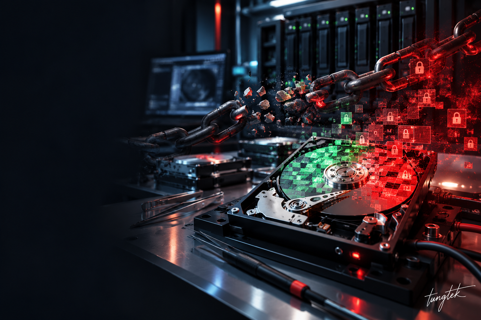Minh họa kỹ thuật IronChain ransomware phá dữ liệu và những khối dữ liệu có thể còn nguyên trong phòng lab phục hồi dữ liệu, chữ ký tungtek
