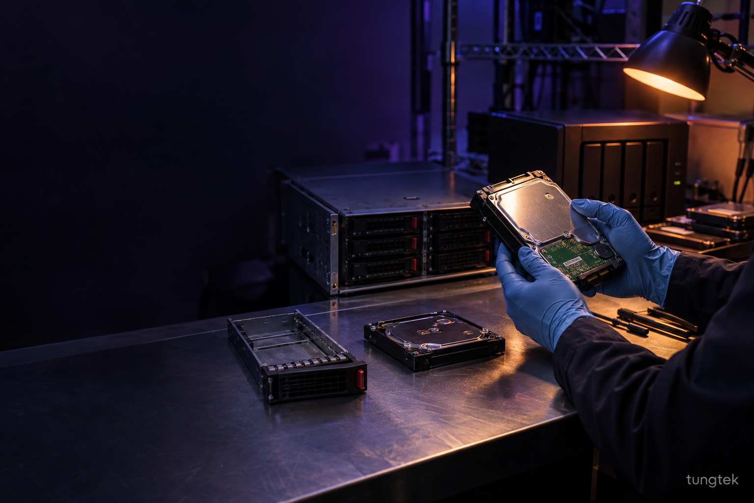 Bàn làm việc cứu dữ liệu với ổ lưu trữ máy chủ và NAS đang được kiểm tra trong phòng lab, hình minh họa có chữ ký TUNGTEK.