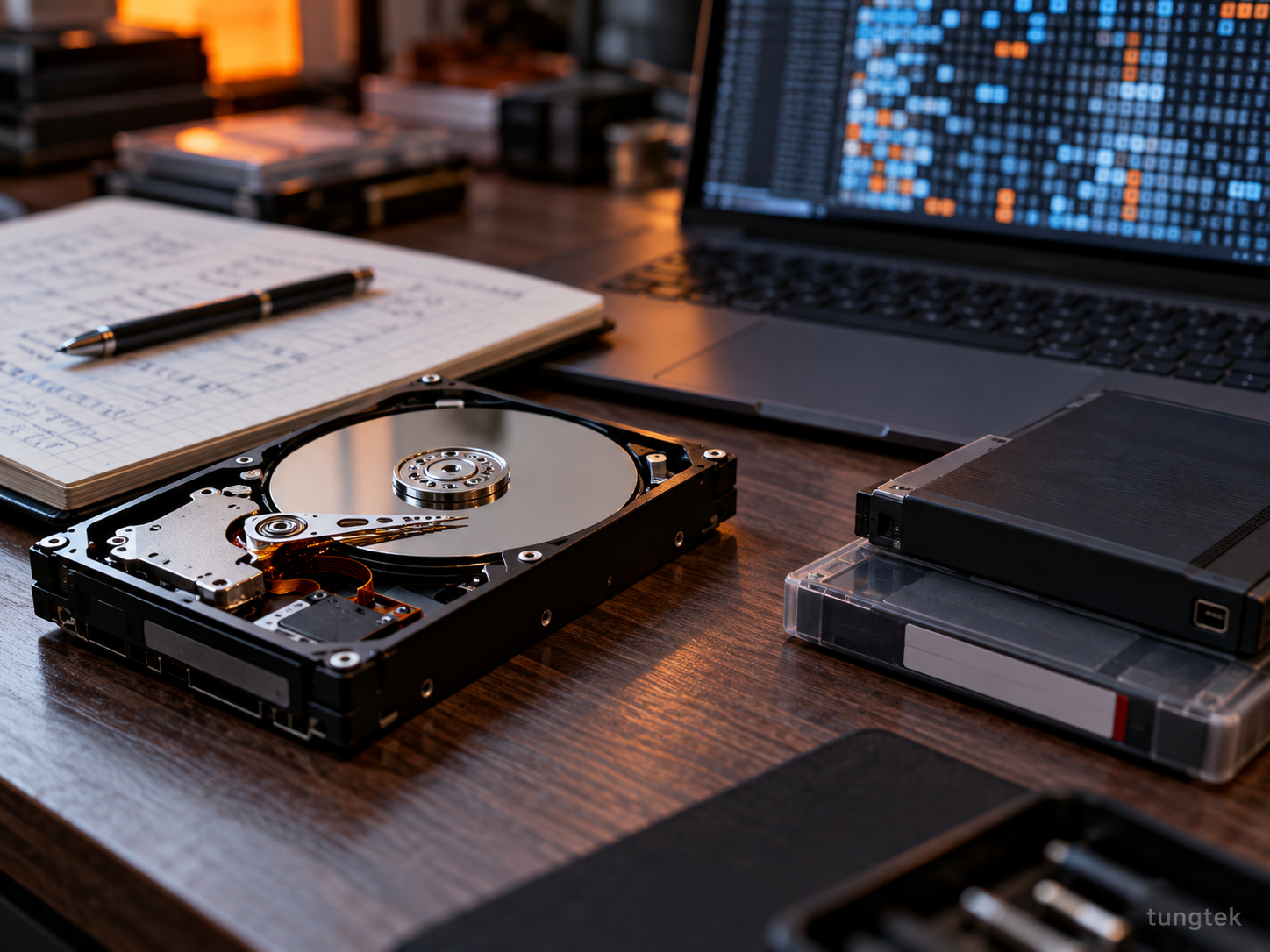 Ổ đĩa máy chủ và vật lưu trữ trên bàn kiểm tra mẫu cơ sở dữ liệu SQL, hình minh họa có chữ ký TUNGTEK.